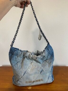 Denim Quilted Shoulder Bag in Light Blue and Indigo